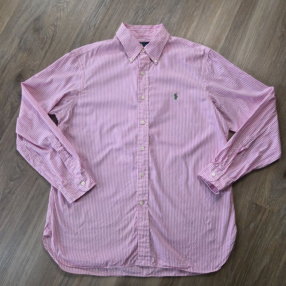 RALPH LAUREN Pink White Striped Long Sleeve Shirt L Green Pony Classic Fit